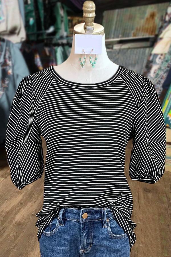 Striped Round Neck Bubble Sleeve Top