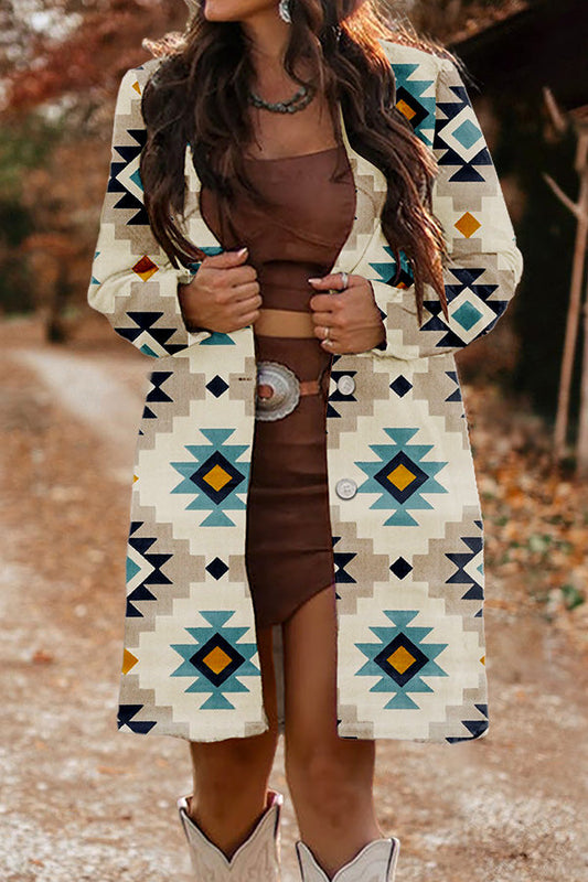 Aztec Printed Lapel Long Jacket