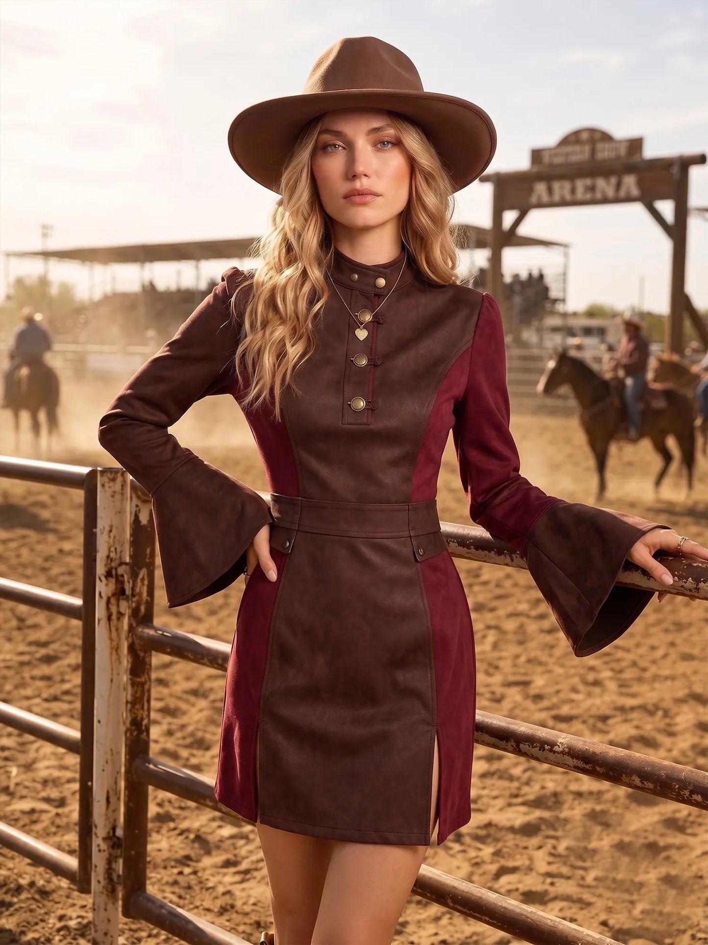 Claret Colorblock Faux Suede Mock Neck Flared Sleeve Dual Slit Mini Dress