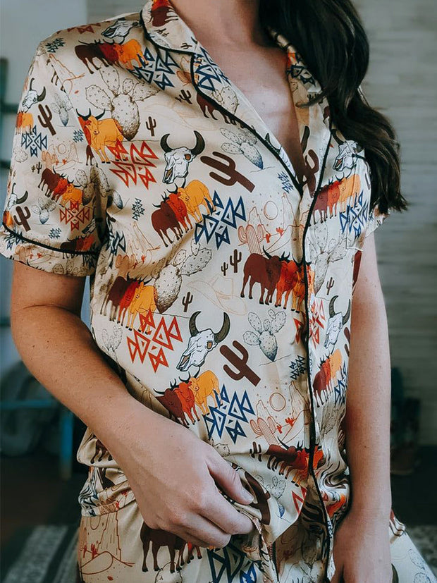 Western Casual Cow Print Silk Short Sleeves Pajama Set