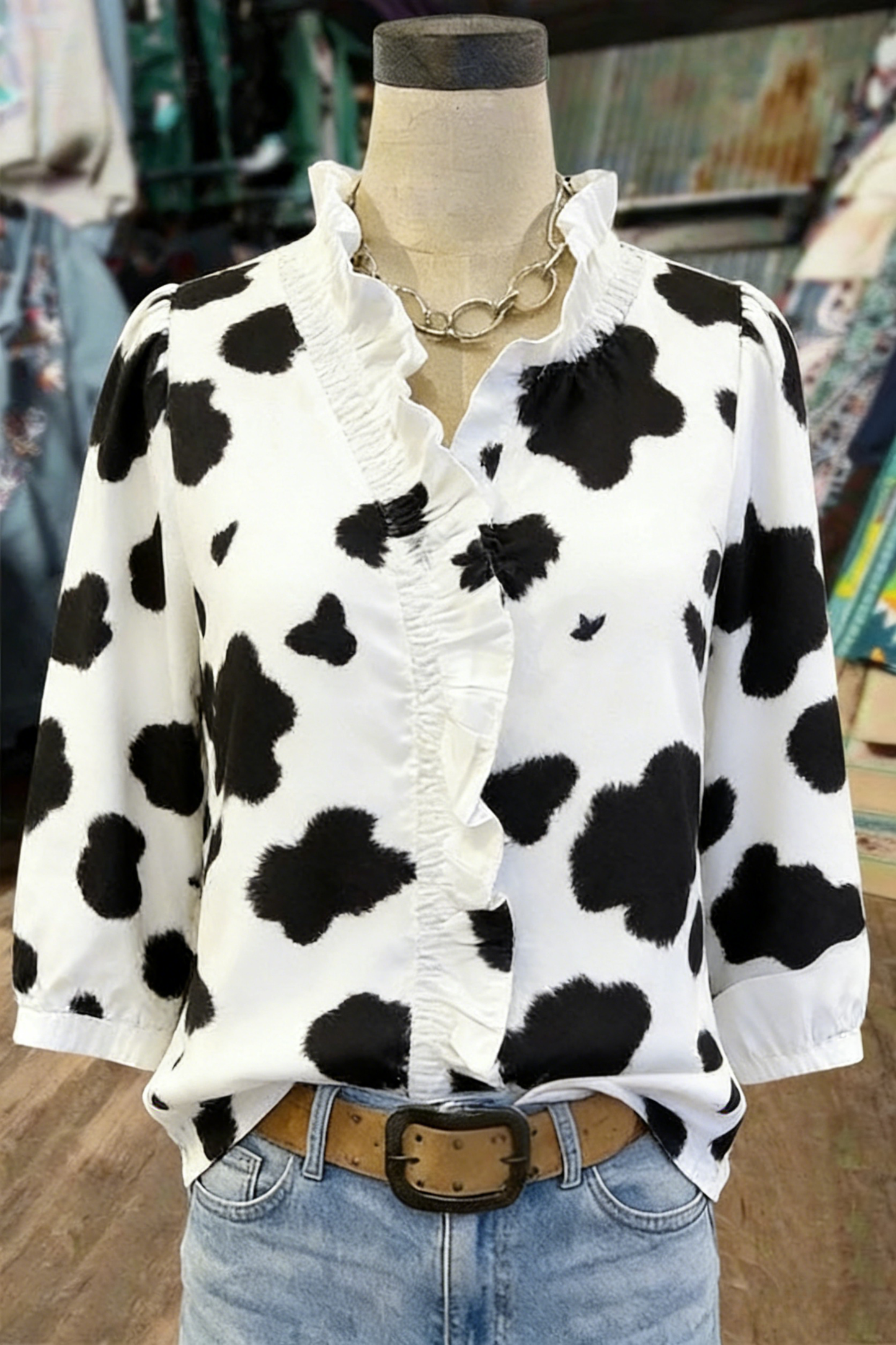 Cow Print Ruffle-Neck Blouse – Western Animal Print 3/4 Sleeve Top
