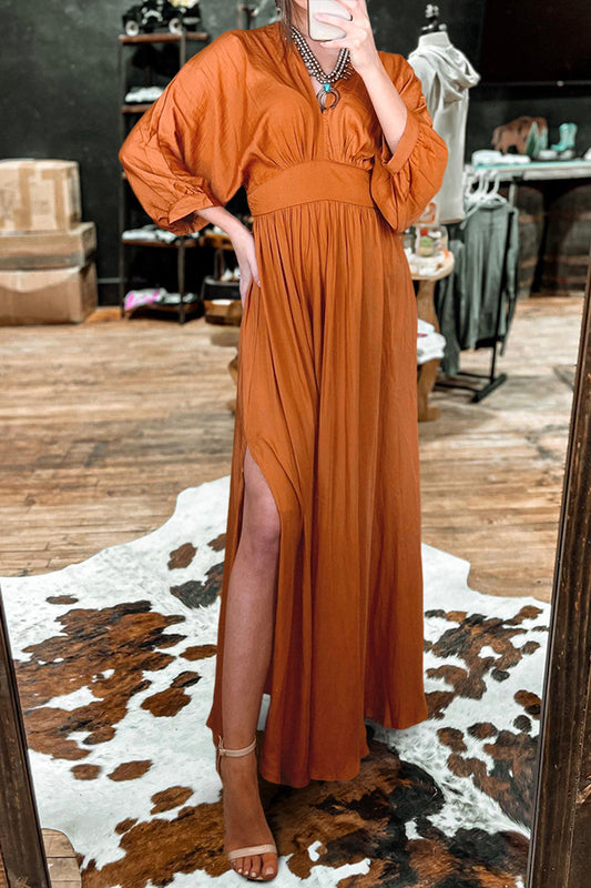 Retro V-neck 3/4 Sleeve Slit Maxi Dress