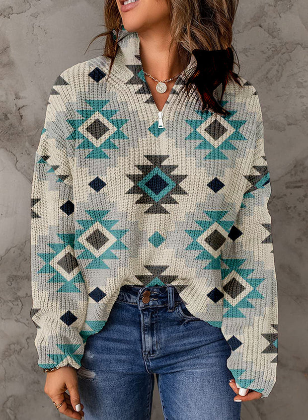 Women's Retro Ethnic Print Zipper Collar Sweater