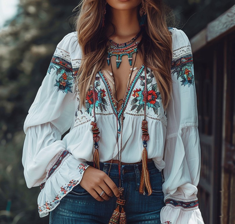 Women's Bohemian Floral Print Contrasting Long Sleeve Shirt