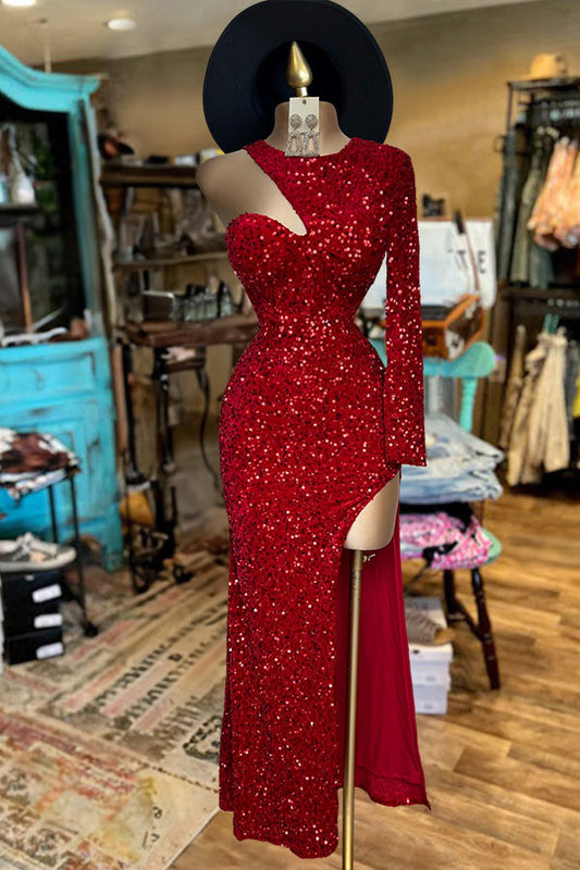 Shiny One-Shoulder Slit Sequined Dress