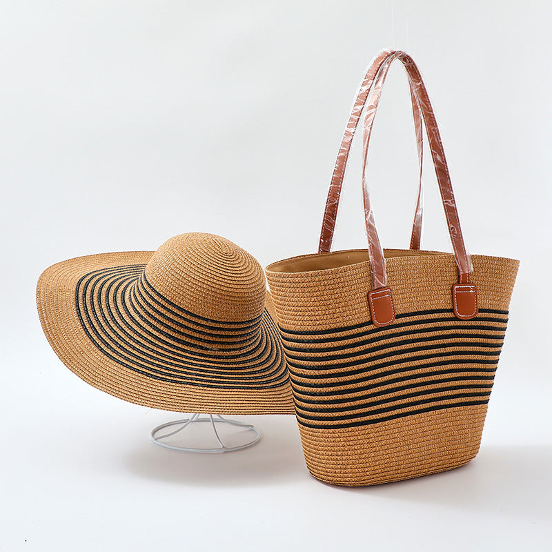 Bohemian Straw Striped Hat And Tote Bag Two-piece Set For Summer Outings