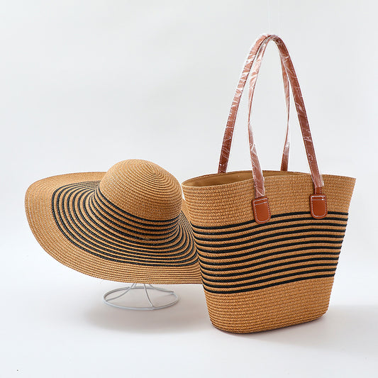Bohemian Straw Striped Hat And Tote Bag Two-piece Set For Summer Outings