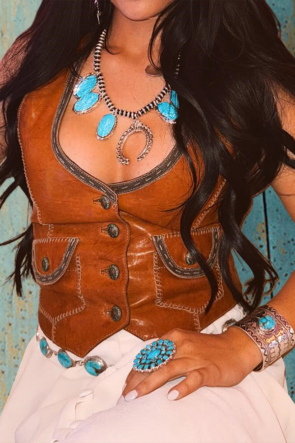 Brown V-Neck Leather Vest