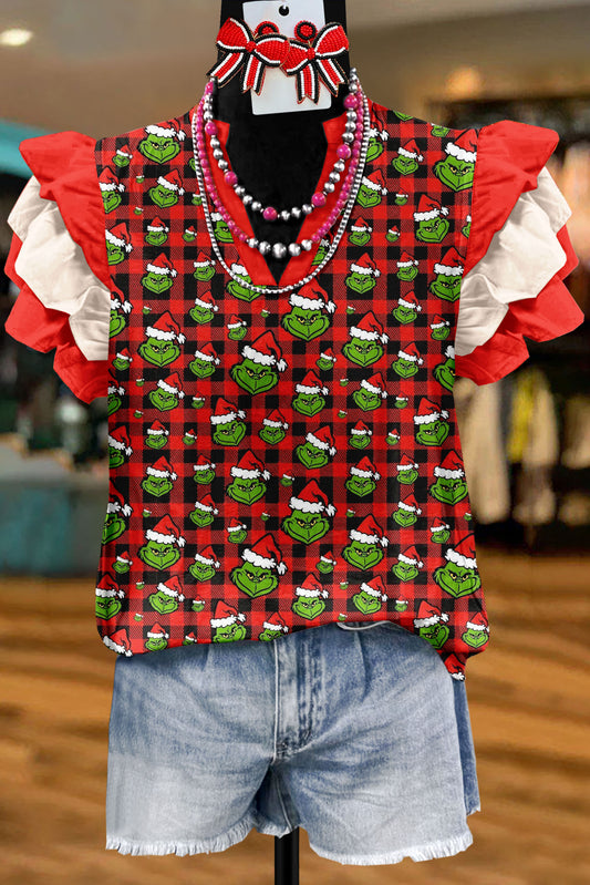 Christmas Grinch Plaid Print Flying Sleeve Top