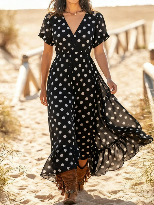 Women's Fashion White Polka Dot V-Neck Long Dress