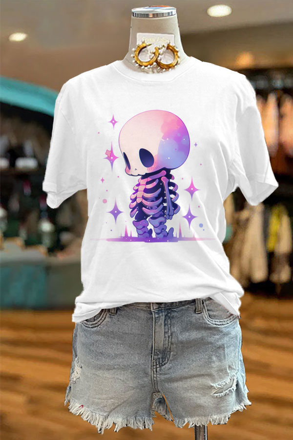 Cute Kawaii Pastel Lonely Skeleton Print T-shirt