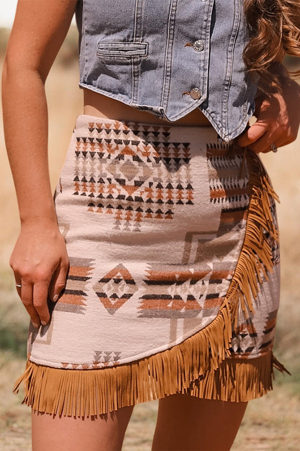 Aztec Printed Fringed Skirt