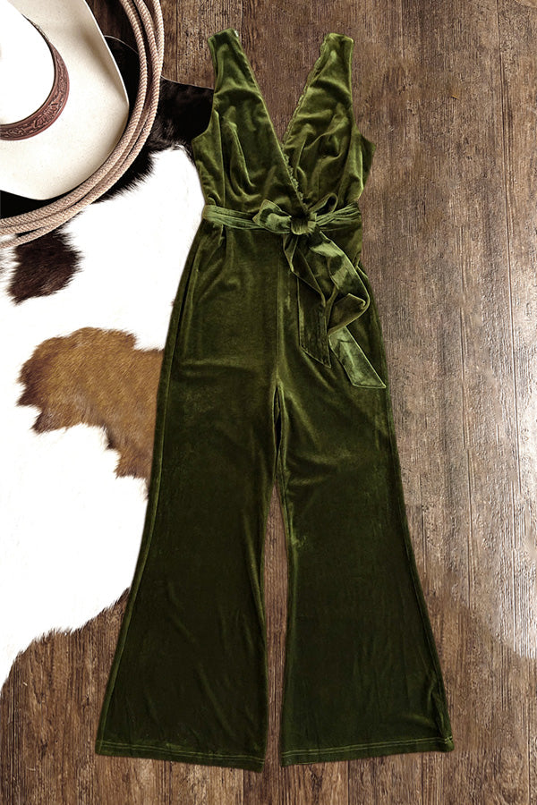 Stunning Overlapping Deep V-Neck Velvet Sleelvess Jumpsuit