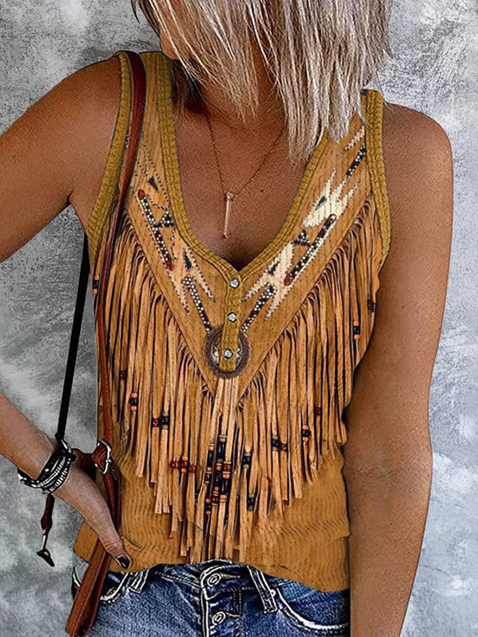 Women's Western Fringed Print Button Down Casual Vest