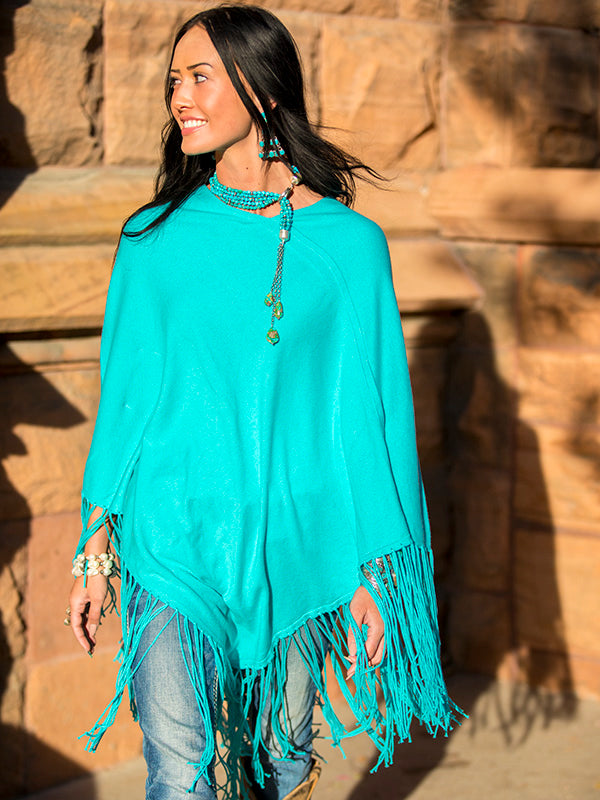 Cashmere Fringe Poncho - Aqua