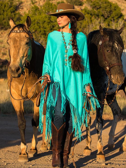 Cashmere Fringe Poncho - Aqua