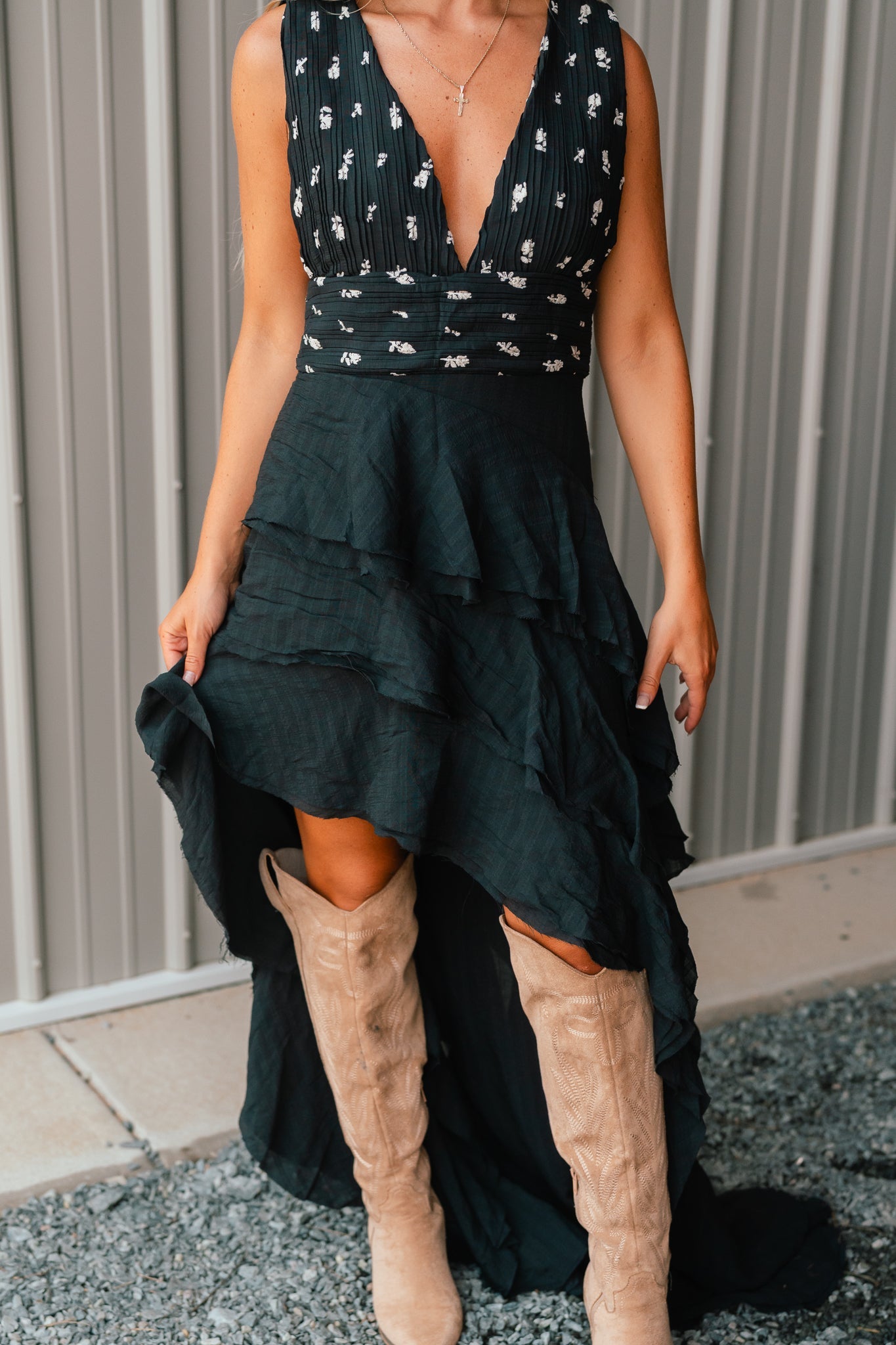 Floral Embroidered Asymmetrical Ruffled Maxi Dress