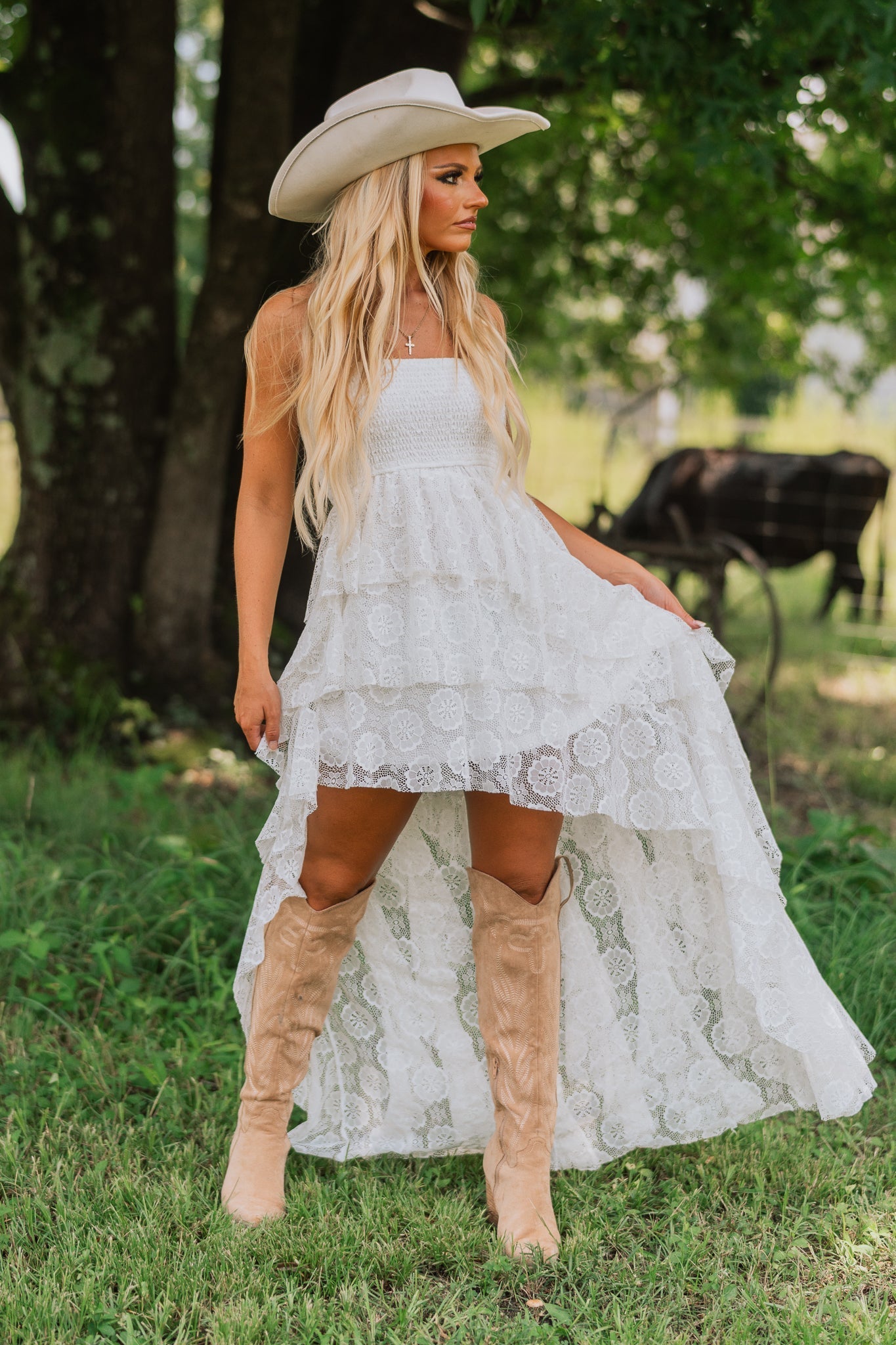 Floral Lace Ruffled High-Low Maxi Dress
