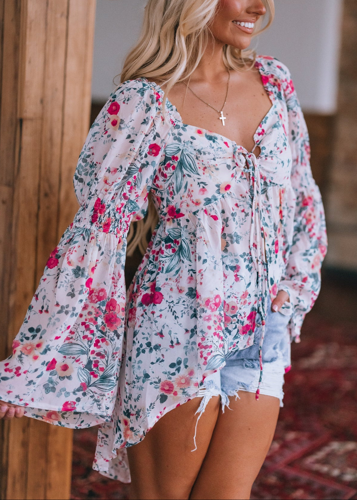 Bell Flower Chiffon Hi-Low Blouse