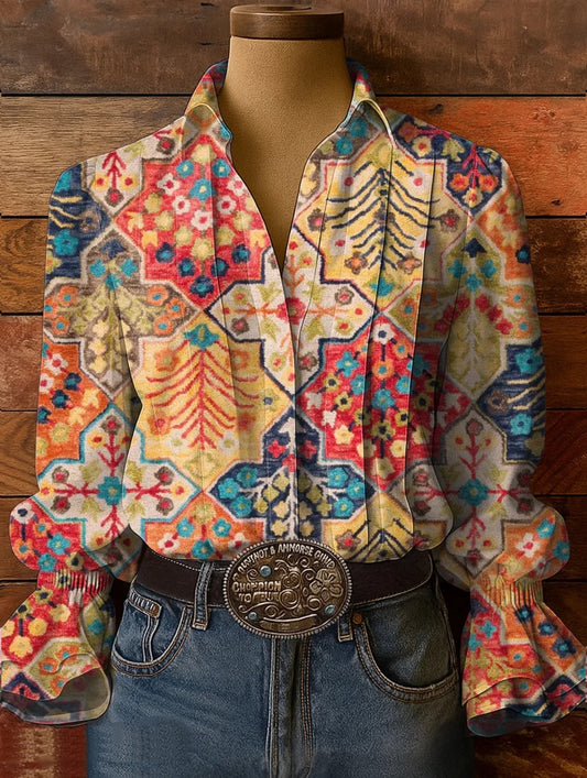 Women's Patchwork Bohemian Floral Art Print Casual Long-Sleeve Shirt