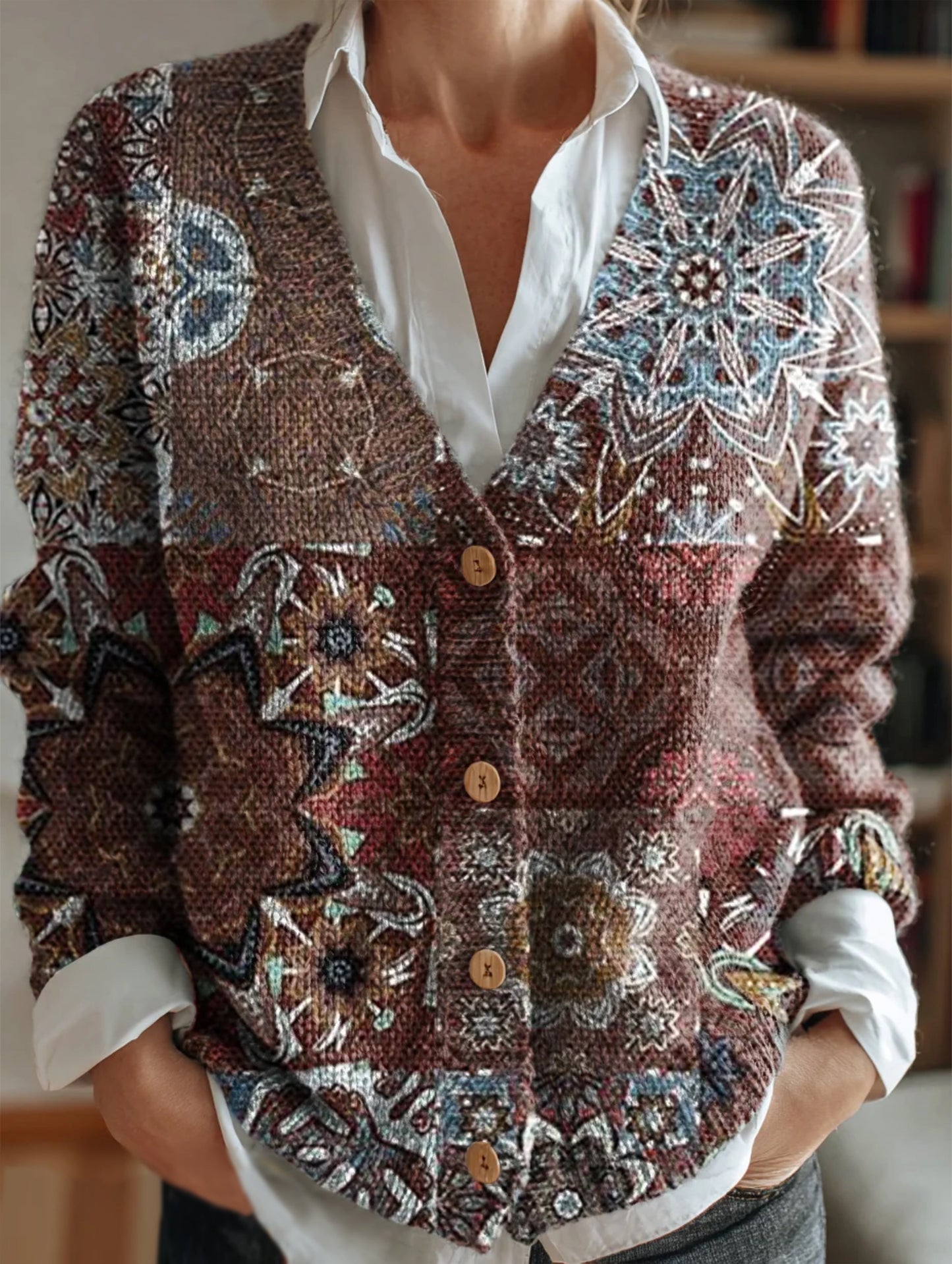 Women's Vintage Bohemian Floral Patchwork Art Print Casual Versatile V-Neck Cardigan