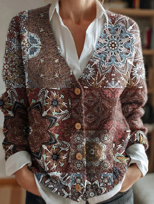 Women's Vintage Bohemian Floral Patchwork Art Print Casual Versatile V-Neck Cardigan
