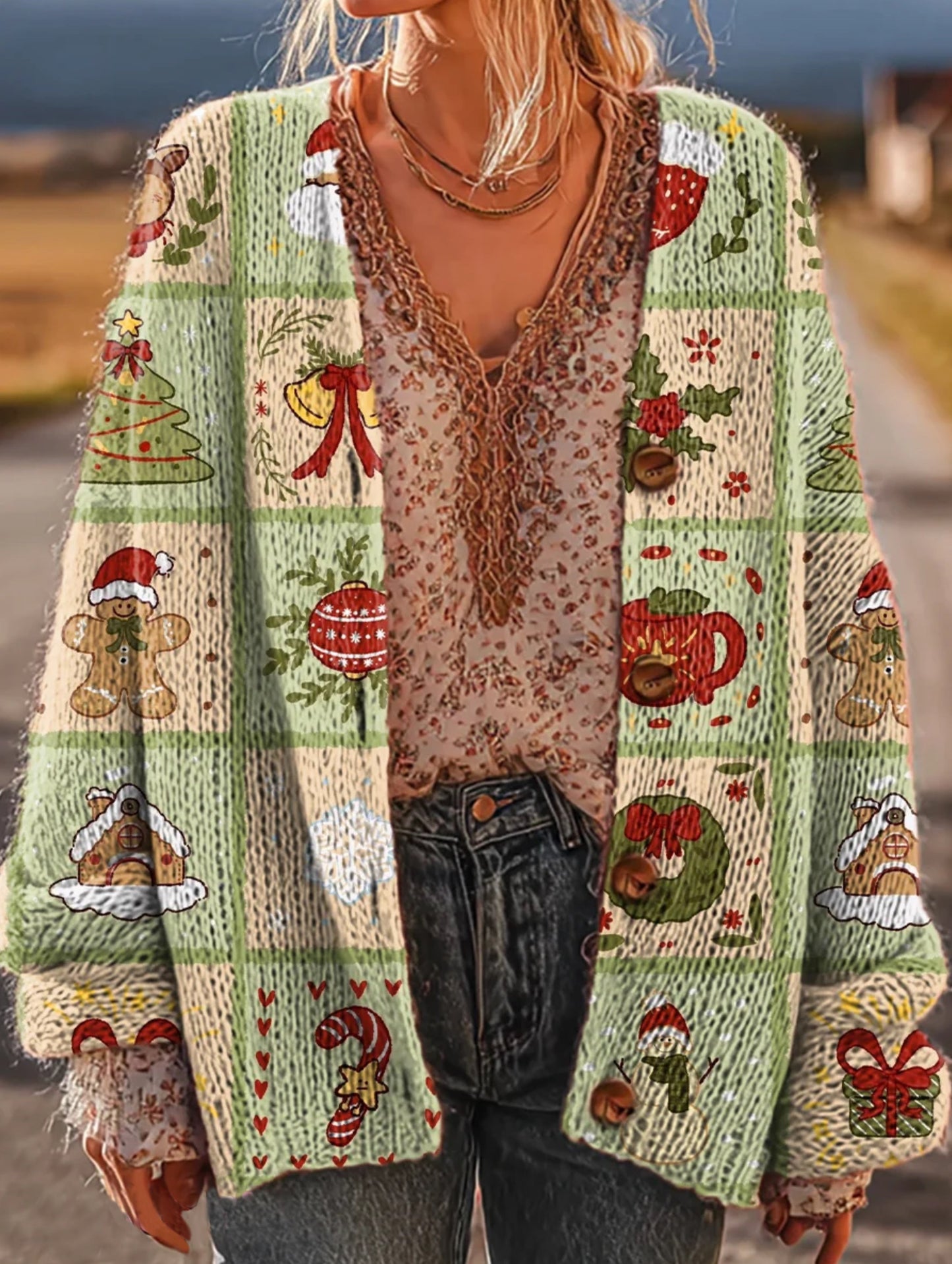 Women's Christmas-themed Patchwork Art Print Casual Long-Sleeve Cardigan
