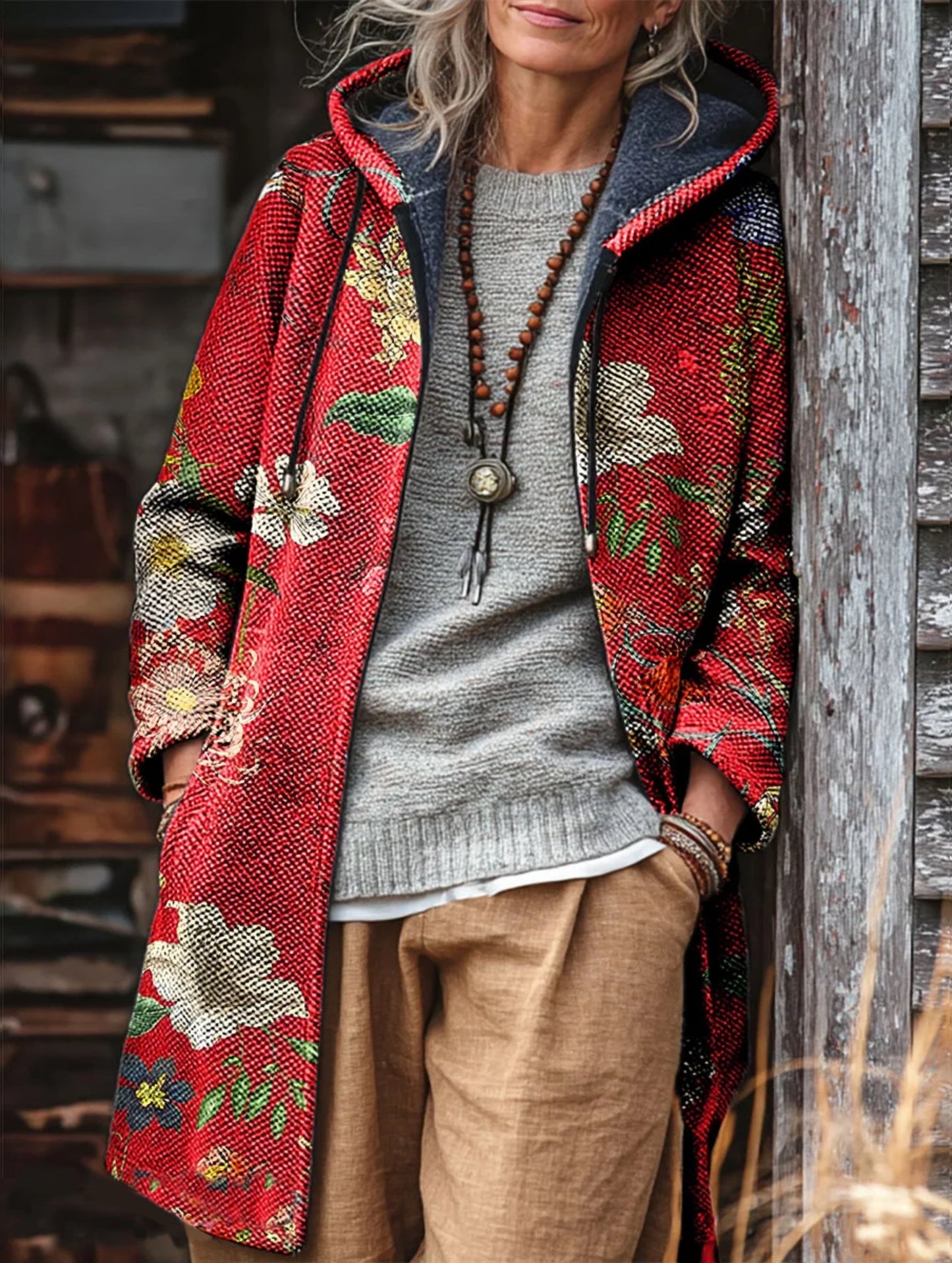 Unisex Vintage Ethnic Floral Pattern Art Print Fleece-Lined Thickened Long-Sleeve Knit Cardigan Jacket