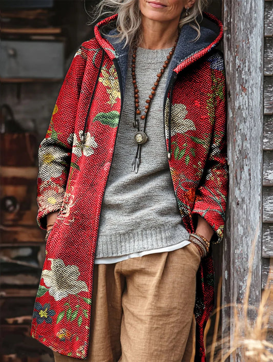 Unisex Vintage Ethnic Floral Pattern Art Print Fleece-Lined Thickened Long-Sleeve Knit Cardigan Jacket