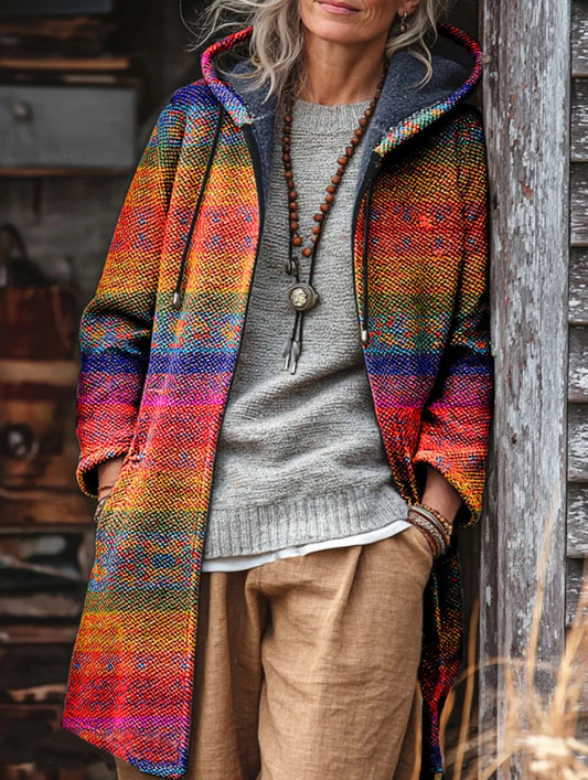 Unisex Vintage Ethnic Floral Pattern Art Print Fleece-Lined Thickened Long-Sleeve Knit Cardigan Jacket