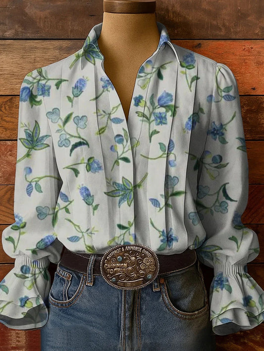 Women's Floral Art Print Casual Cotton-Linen Blend Shirt