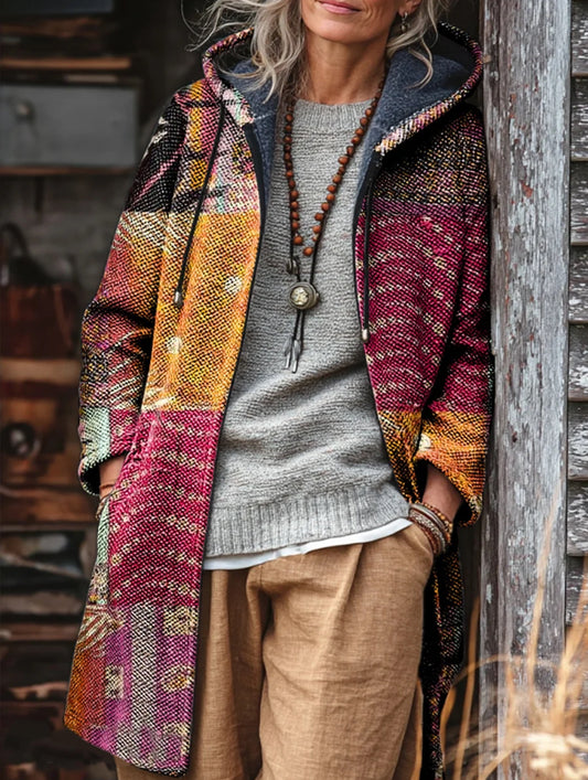 Unisex Bohemian Patchwork Art Print Casual Fleece Long Coat