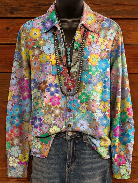Women's Vintage Colorful Flowers Art Casual Cotton Shirt