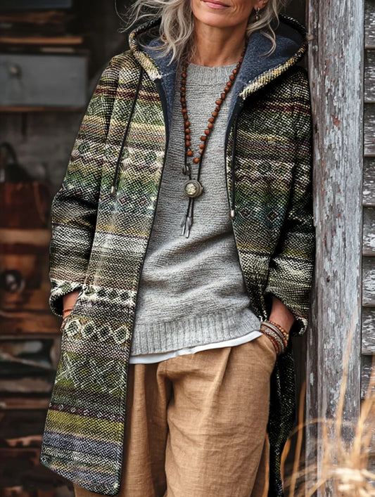 Unisex Vintage Bohemian Hippie Pattern Art Print Plush Thick Long-Sleeved Sweater Cardigan Coat