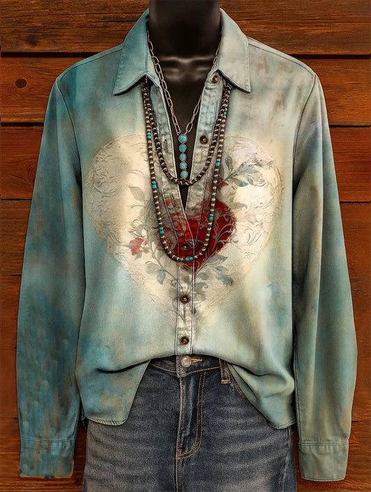 Women's Vintage Heart Pattern Art Print Casual Cotton Shirt