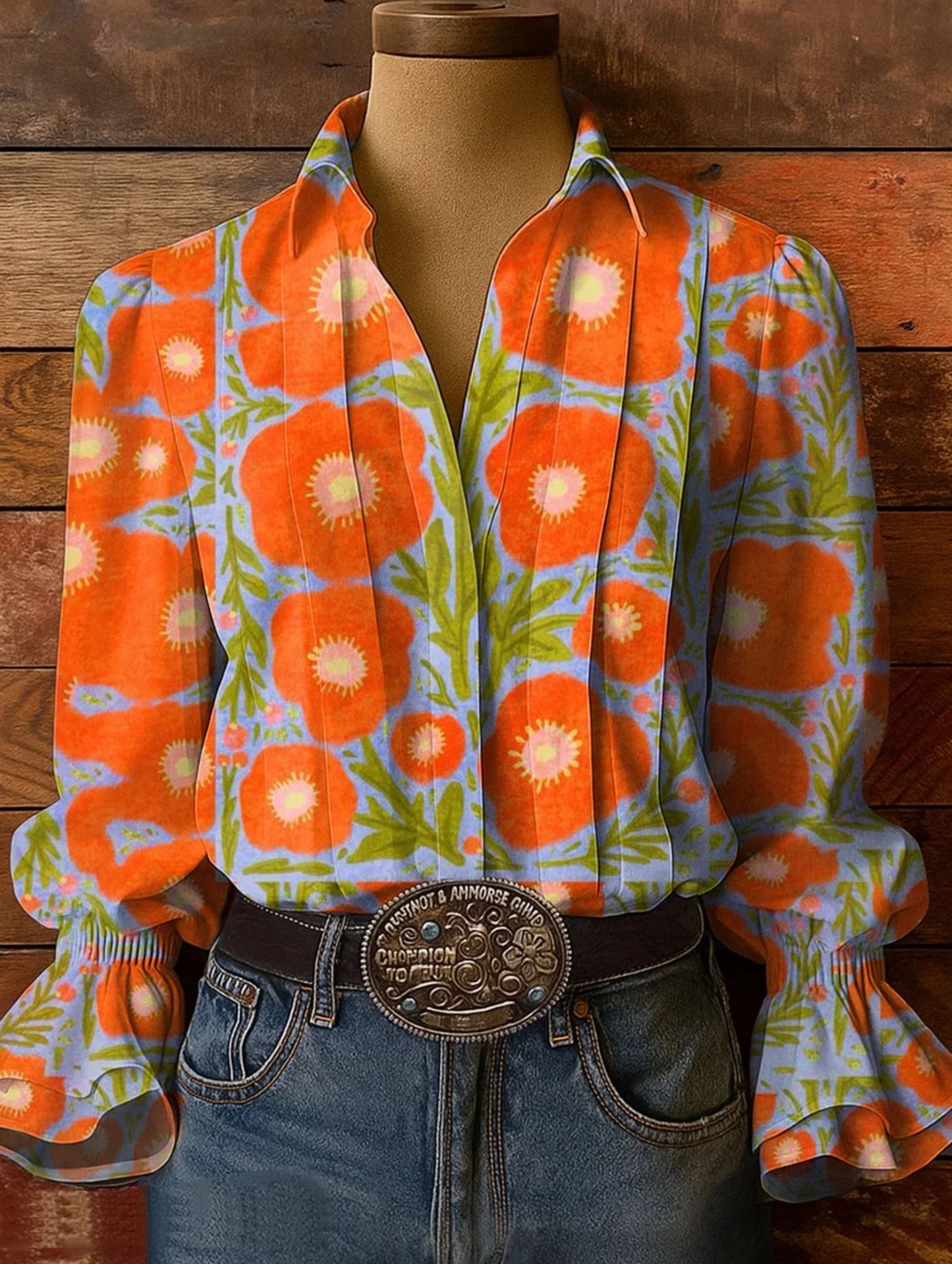 Women's Floral Art Print Casual Cotton-Linen Blend Shirt