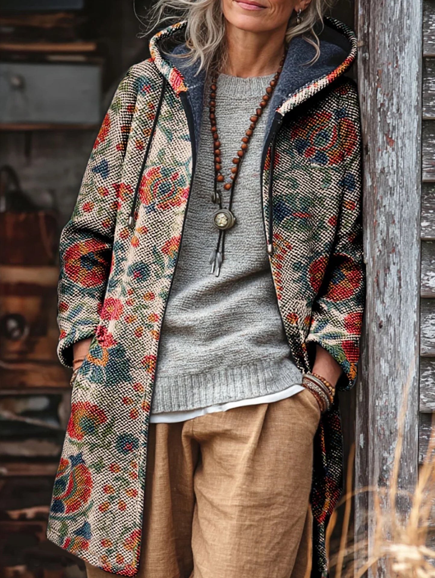 National Style Flowers Pattern Unisex Plush Thick Long-Sleeved Sweater Cardigan Coat