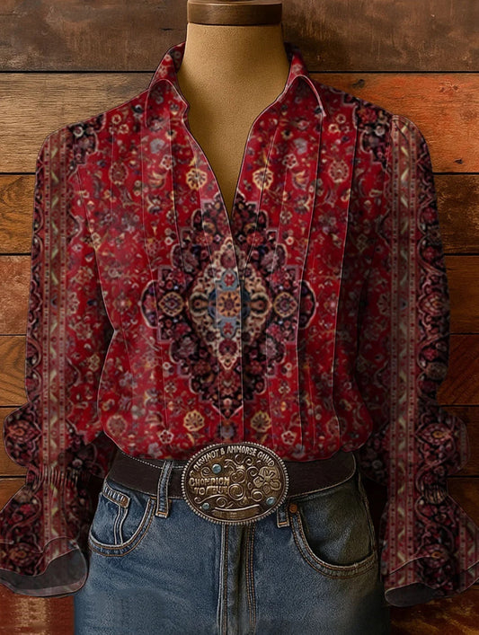 Women's Vintage Ethnic Pattern Art Print Casual Cotton-Linen Blend Shirt