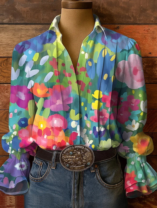 Vintage Nation Colorful Floral Patterns Art Print Casual Cotton And Linen Shirt