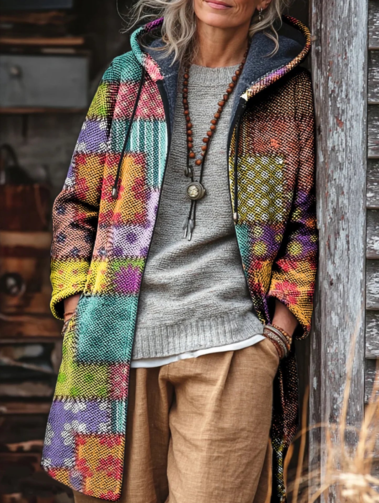 Unisex Colorful Splicing Art Print Plush Thick Long-Sleeved Sweater Cardigan Coat