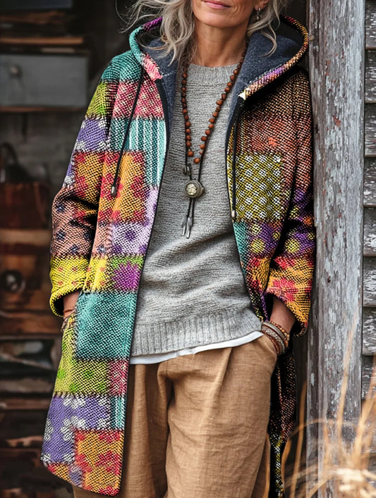 Unisex Colorful Splicing Art Print Plush Thick Long-Sleeved Sweater Cardigan Coat