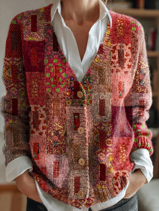 Women's Pink Floral Patchwork Art Print Casual Versatile V-Neck Cardigan