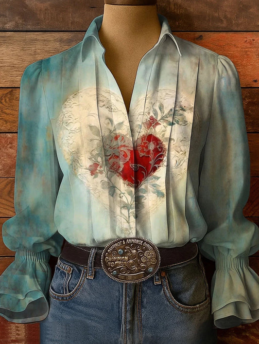 Women's Vintage Heart Pattern Art Print Casual Cotton-Linen Blend Shirt