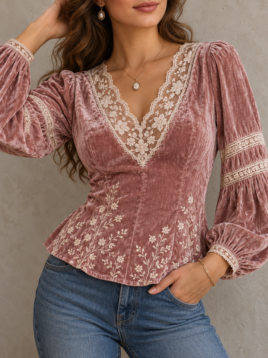 DustyPink Velvet Lace Trim V Neck Long Sleeve Blouse