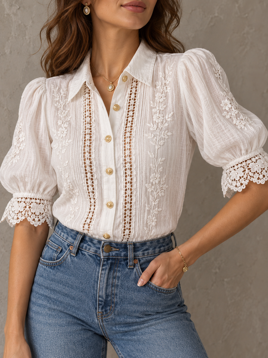 White Embroidered Lace Trim Puff Sleeve Blouse