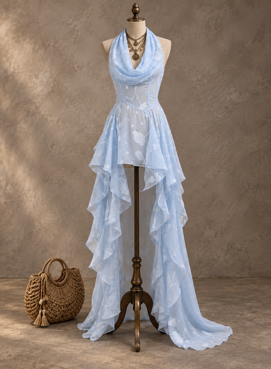 Blue Lace Halter High-Low Maxi Dress