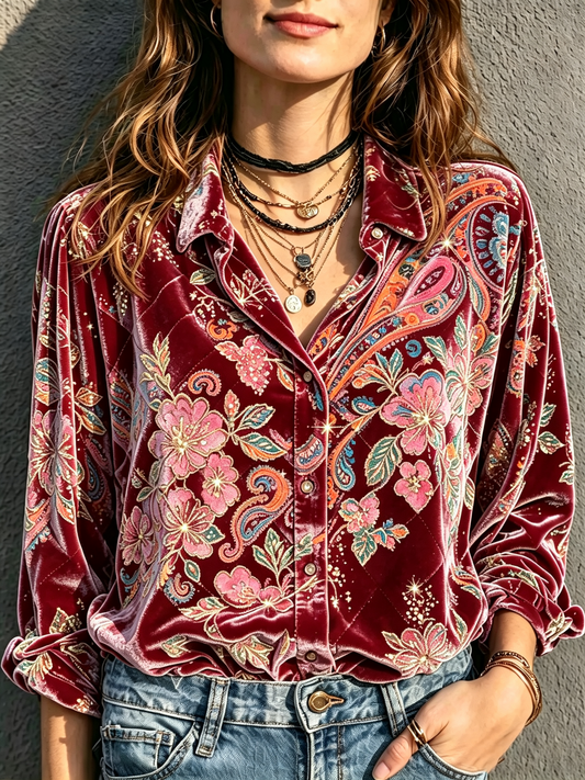 Burgundy Floral Velvet Shirt