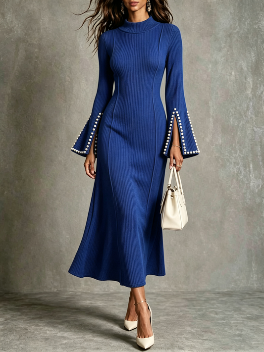 Royal Blue Ribbed Pearl Cuff Midi Dress
