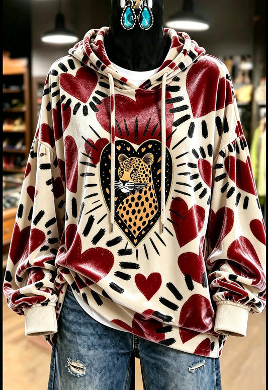 Cream Red Heart Velvet Hoodie