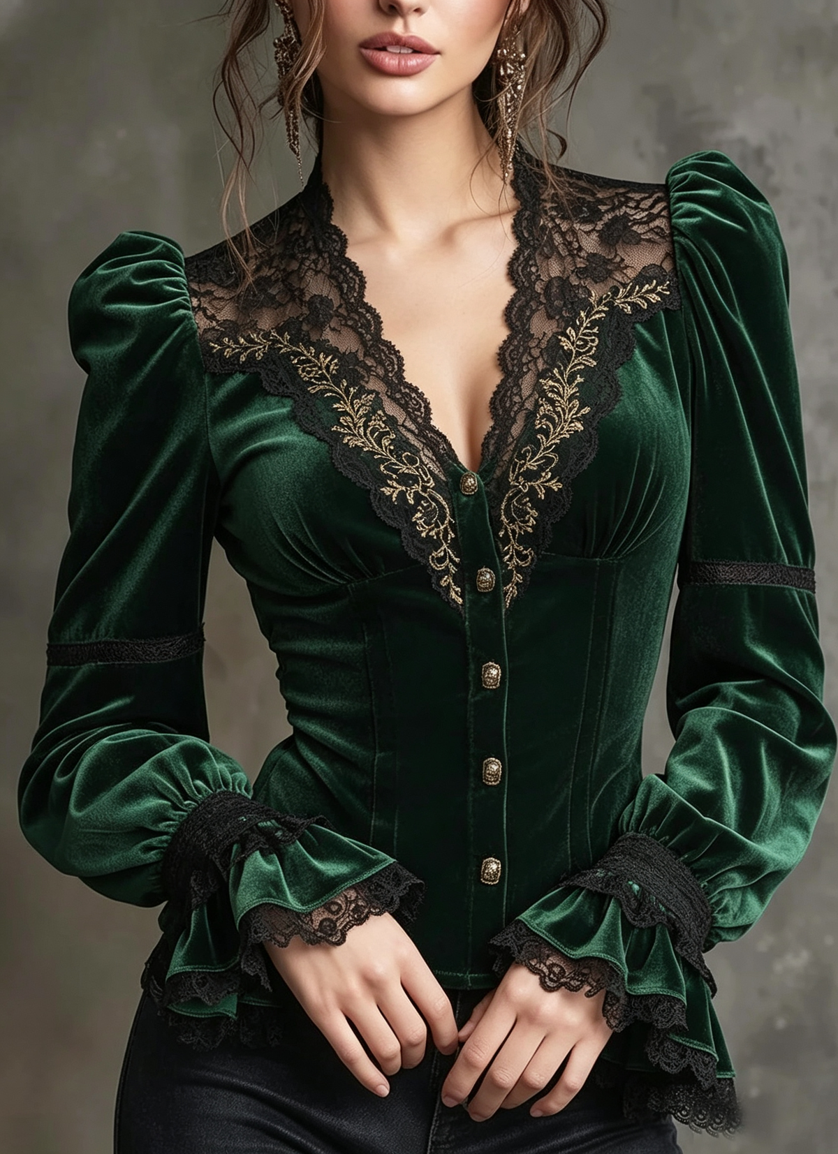 Green Velvet Lace Trim Blouse
